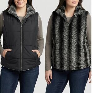 KC Collection 2X Black Puff Womens Full Zip Reversible Vest Gray Faux Fur